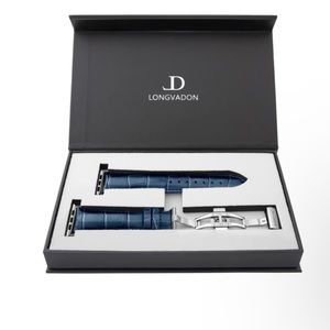 Men's Navy Blue Leather Apple Watch Band w/ Silver Details